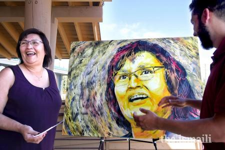 With social change and public interaction at the core of his art, Aquil Virani asked the public what adjectives describe inspiring women and picked 26 from A to Z to feature in 26 prints. This is a portrait of Kwanlin Dün First Nation Chief Doris Bill.