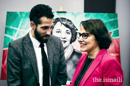 With social change and public interaction at the core of his art, Aquil Virani asked the public what adjectives describe inspiring women and picked 26 from A to Z to feature in 26 prints. This is a portrait of Canadian-Iranian Homa Hoodfar.
