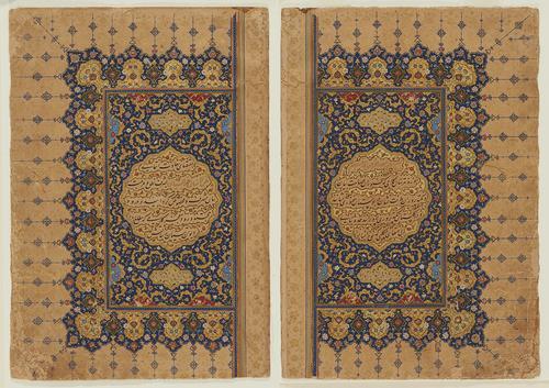 Double frontispiece from the Divan of Sultan Ibrahim Mirza. Opaque watercolour, ink, gold and silver on paper. Courtesy of Aga Khan Museum, AKM282.1-.2 